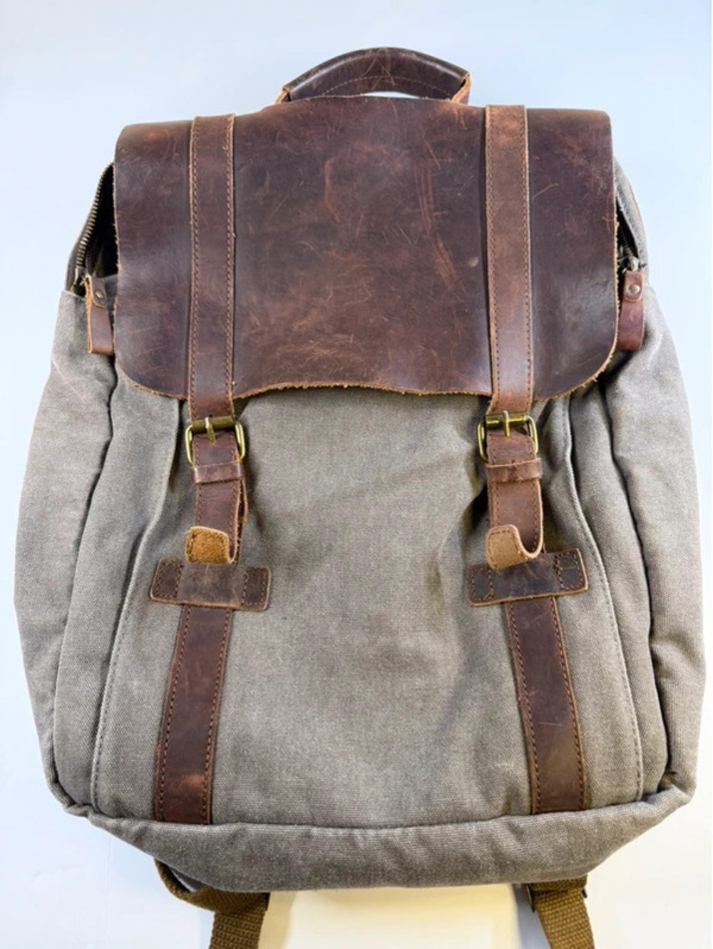 Vintage Style Grey Canvas and Brown Leather 15" Laptop Backpack Rucksack